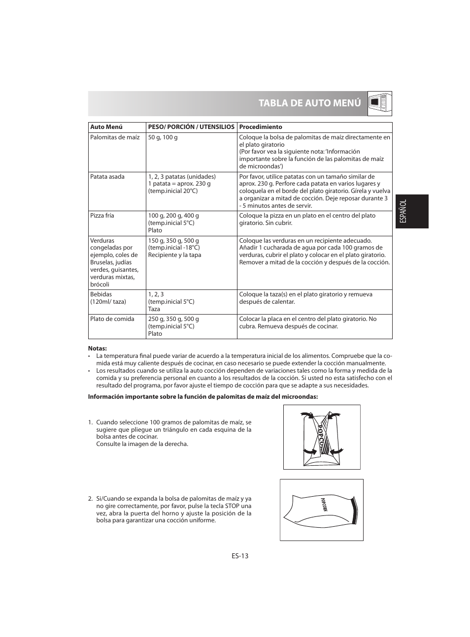 Tabla de auto menú | Sharp R-642BKW User Manual | Page 31 / 180