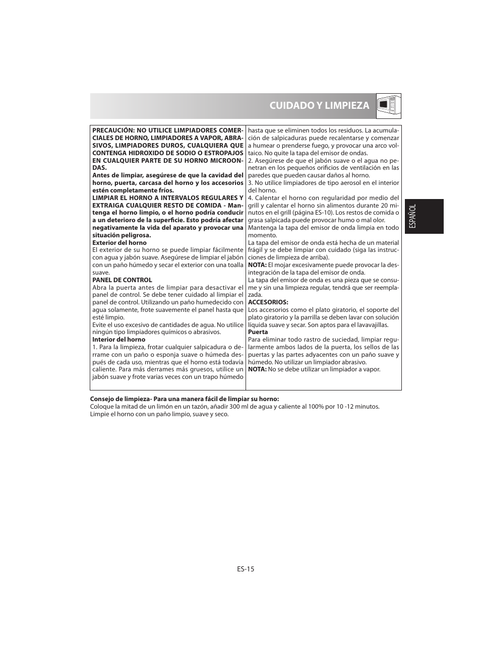 Cuidado y limpieza | Sharp R-642BKW User Manual | Page 33 / 180