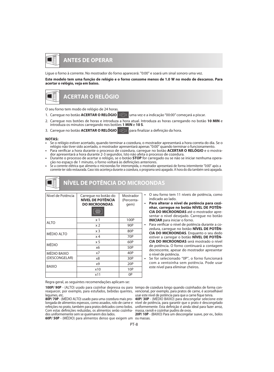 Antes de operar nível de potência do microondas, Acertar o relógio | Sharp R-642BKW User Manual | Page 42 / 180