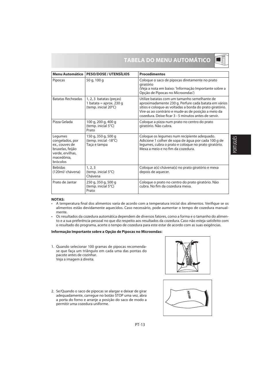 Tabela do menu automático, Português | Sharp R-642BKW User Manual | Page 47 / 180