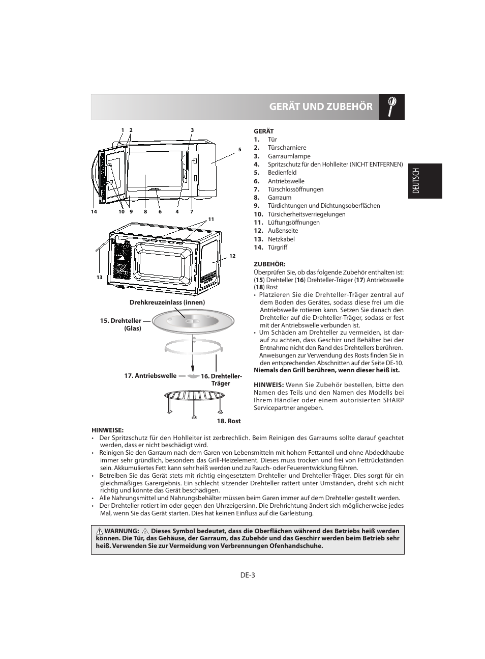 Gerät und zubehör, Deutsch | Sharp R-642BKW User Manual | Page 5 / 180