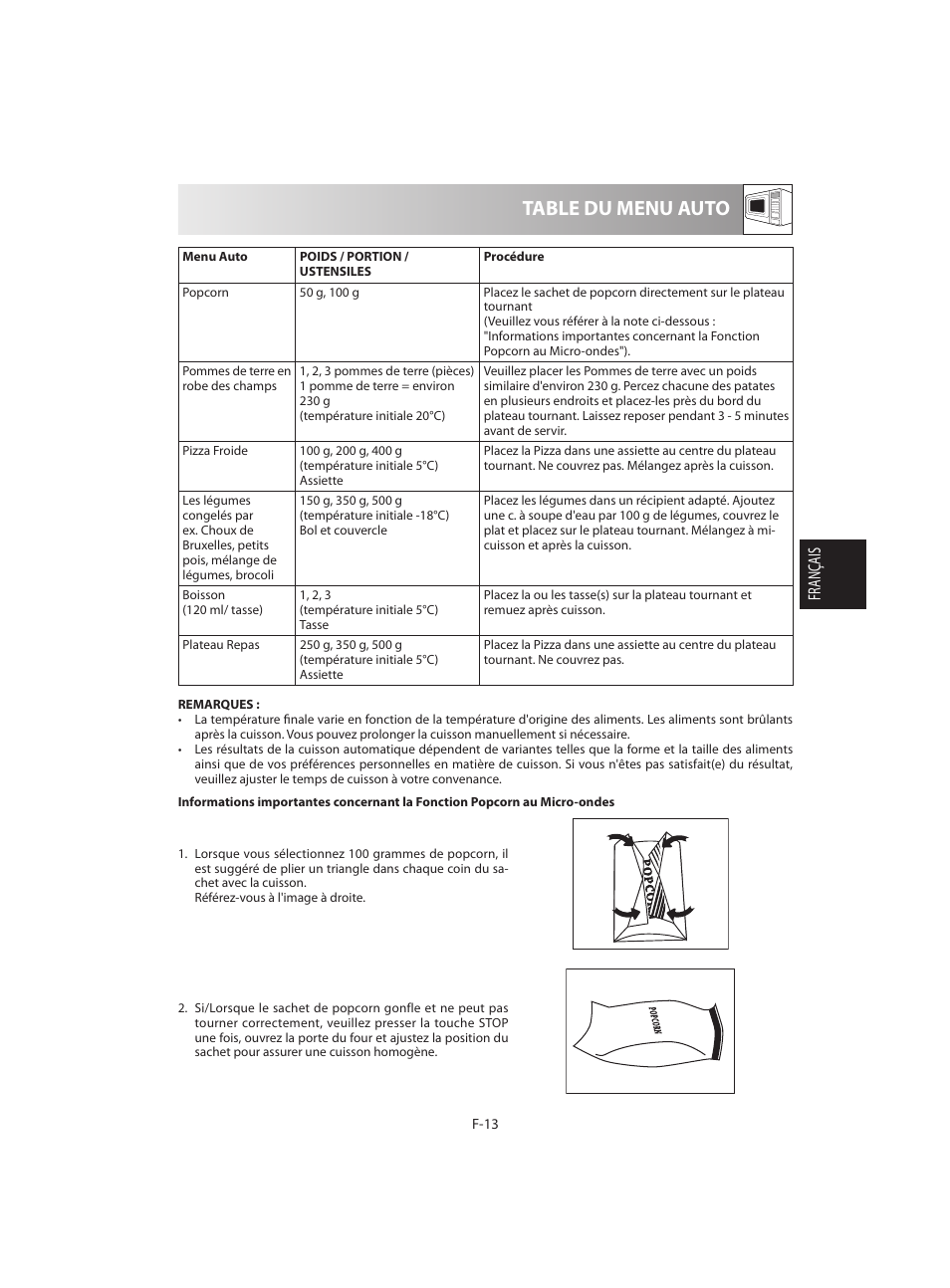 Table du menu auto, Français | Sharp R-642BKW User Manual | Page 63 / 180