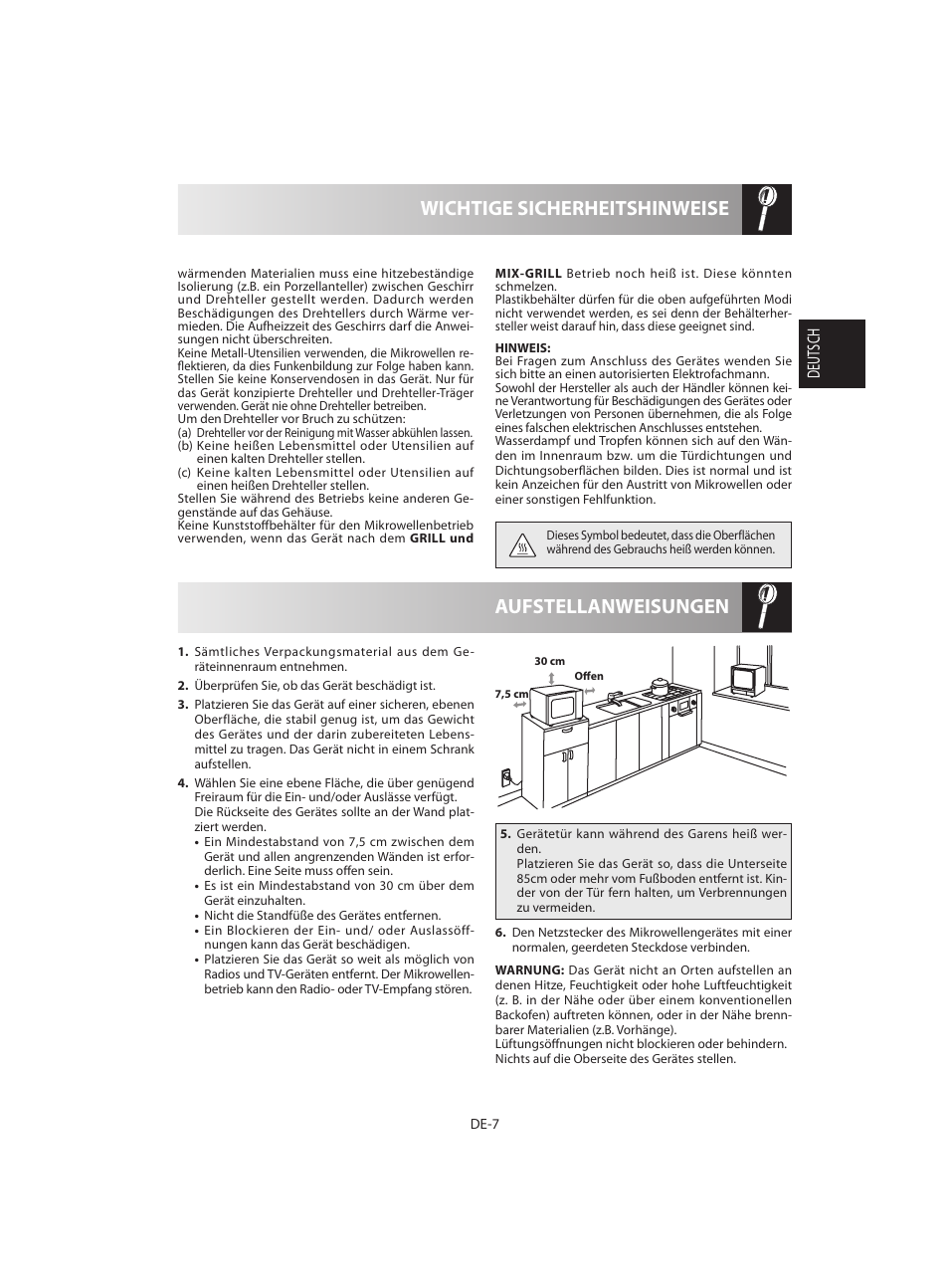 Aufstellanweisungen wichtige sicherheitshinweise, Deutsch | Sharp R-642BKW User Manual | Page 9 / 180