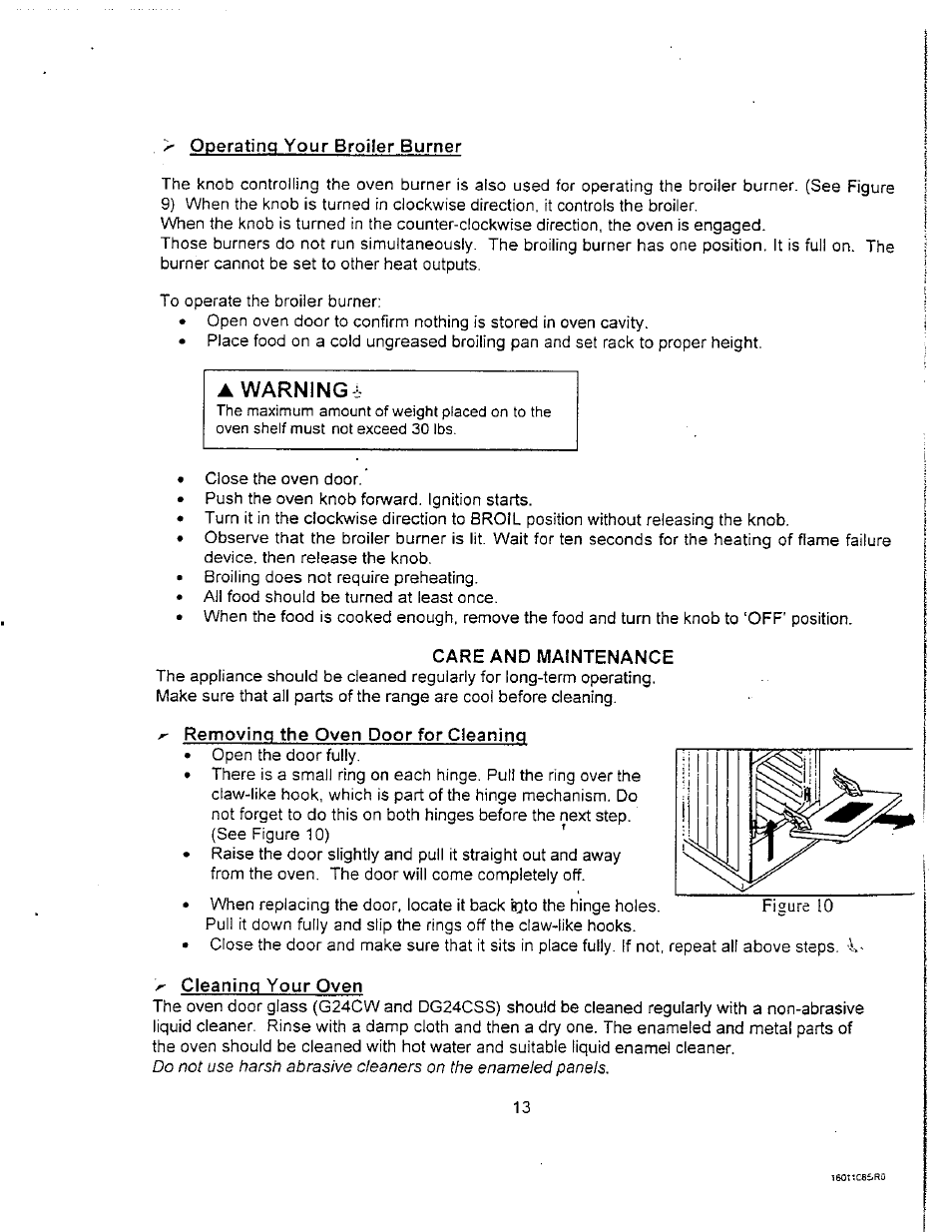 Operating your broiler burner, Care and maintenance, Removing the oven door for cleaning | Cleaning your oven, Warning | Avanti DG24CSS User Manual | Page 13 / 28