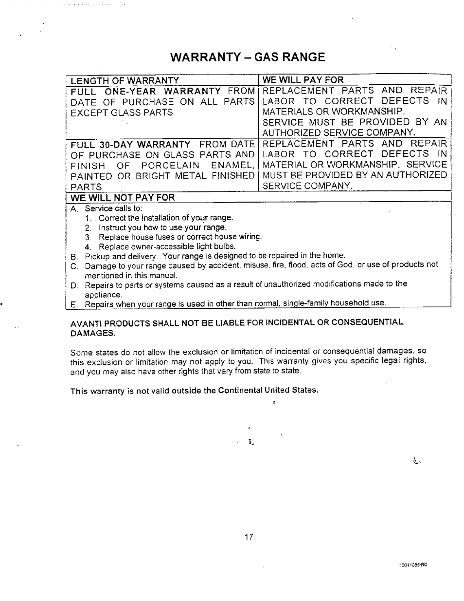 Warranty - gas range, Length of warranty, We will not pay for | Avanti DG24CSS User Manual | Page 17 / 28