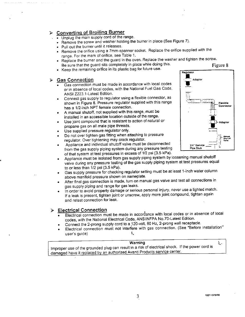 Converting of broiling burner, Gas connection, Electrical connection | Avanti DG24CSS User Manual | Page 21 / 28