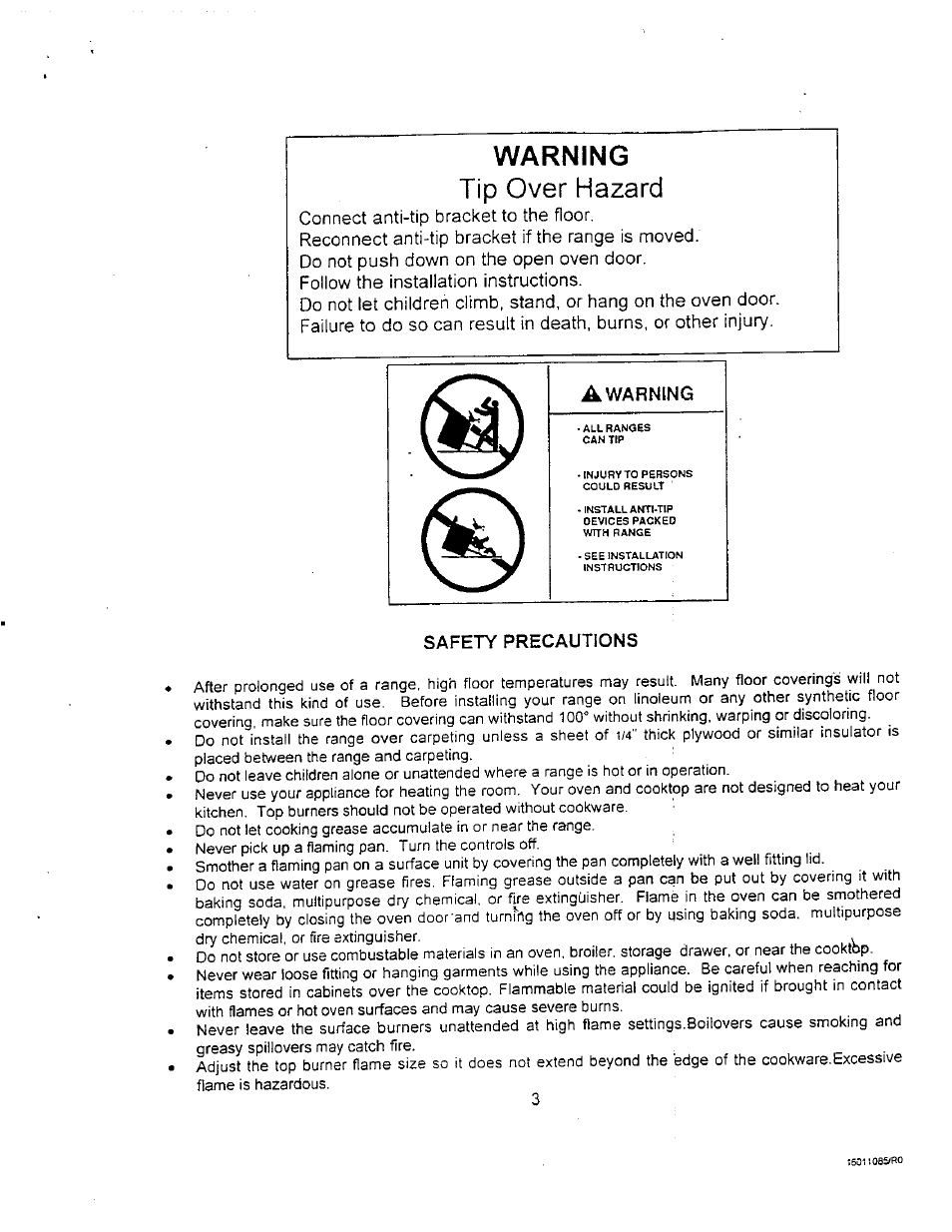 Tip over hazard, Safety precautions, Warning tip over hazard | Avanti DG24CSS User Manual | Page 3 / 28