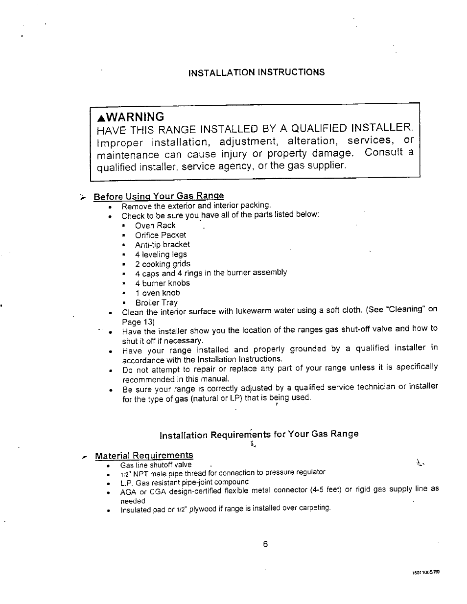 Before using your gas range, Installation requirements for your gas range, Material requirements | Warning | Avanti DG24CSS User Manual | Page 6 / 28