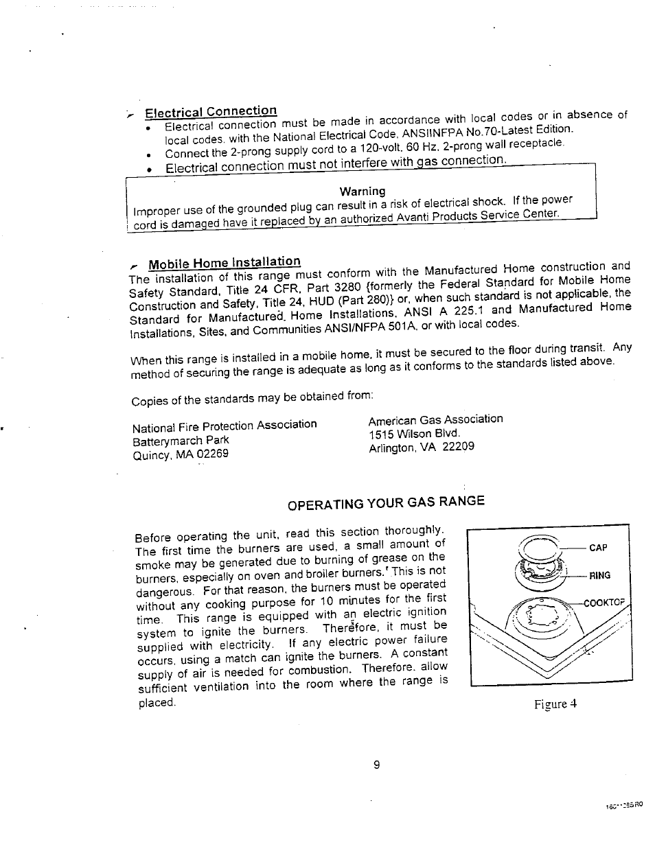 Electrical connection, Warning, Mobile home installation | Operating your gas range | Avanti DG24CSS User Manual | Page 9 / 28