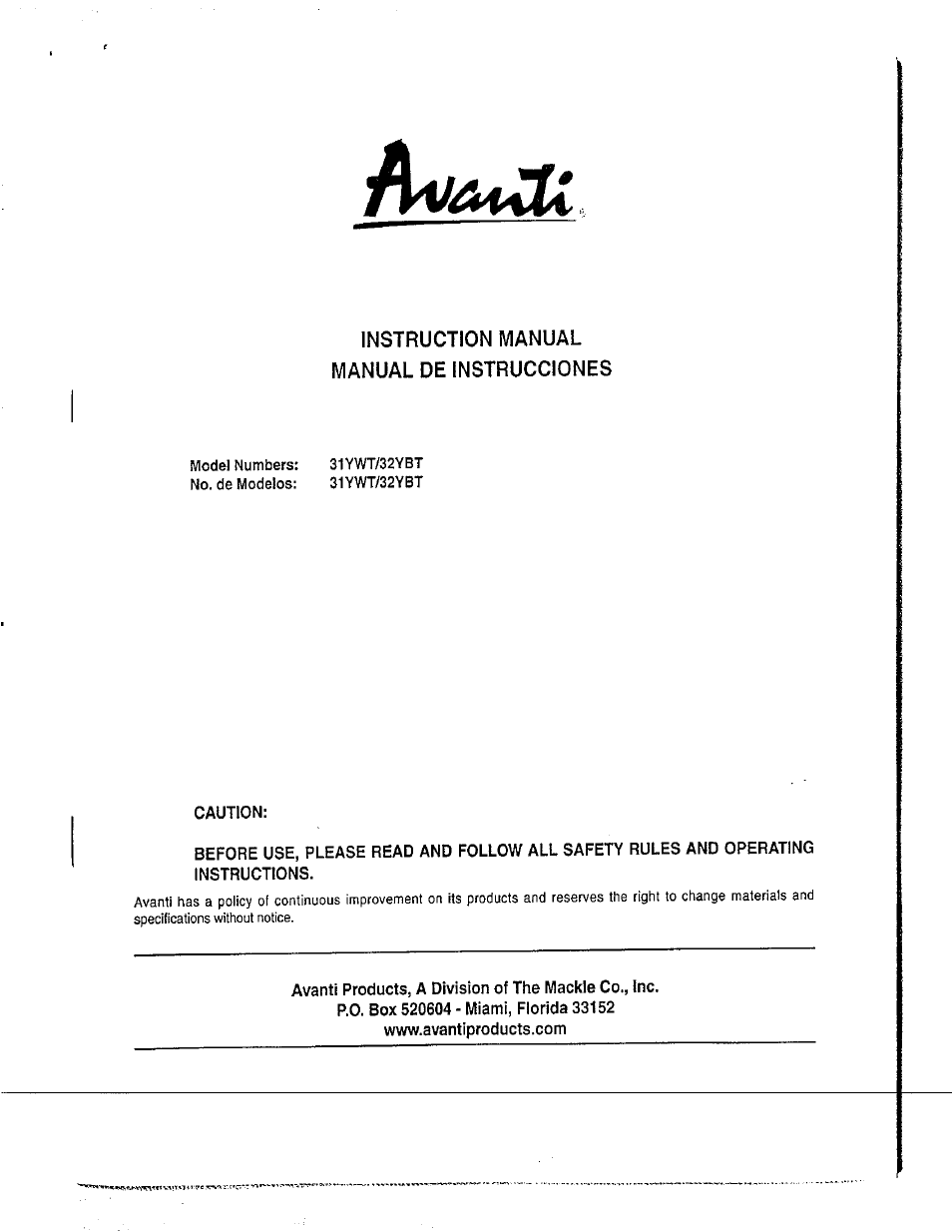 Avanti 31YWT User Manual | 23 pages