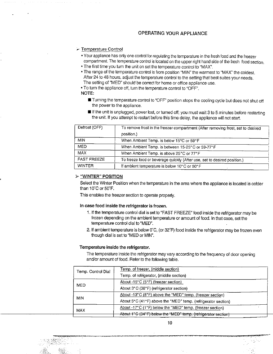 Temperature control, Note, Winter" position | In case food inside the refrigerator is frozen, Temperature inside the refrigerator, Winter position | Avanti 31YWT User Manual | Page 10 / 23