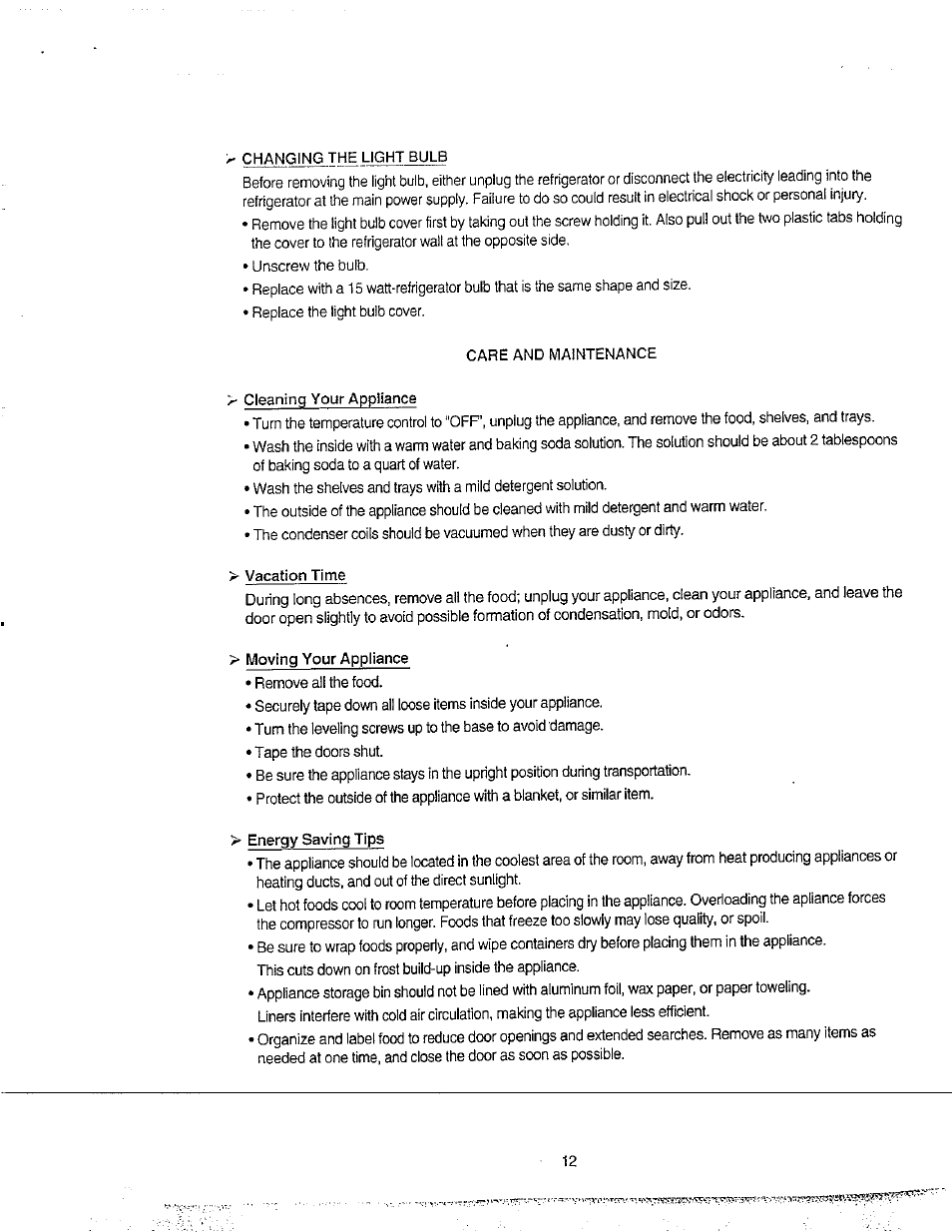 Changing the light bulb, Cleaning your appliance, Vacation time | Moving your appliance, Energy saving tips, Defrosting your appliance | Avanti 31YWT User Manual | Page 12 / 23