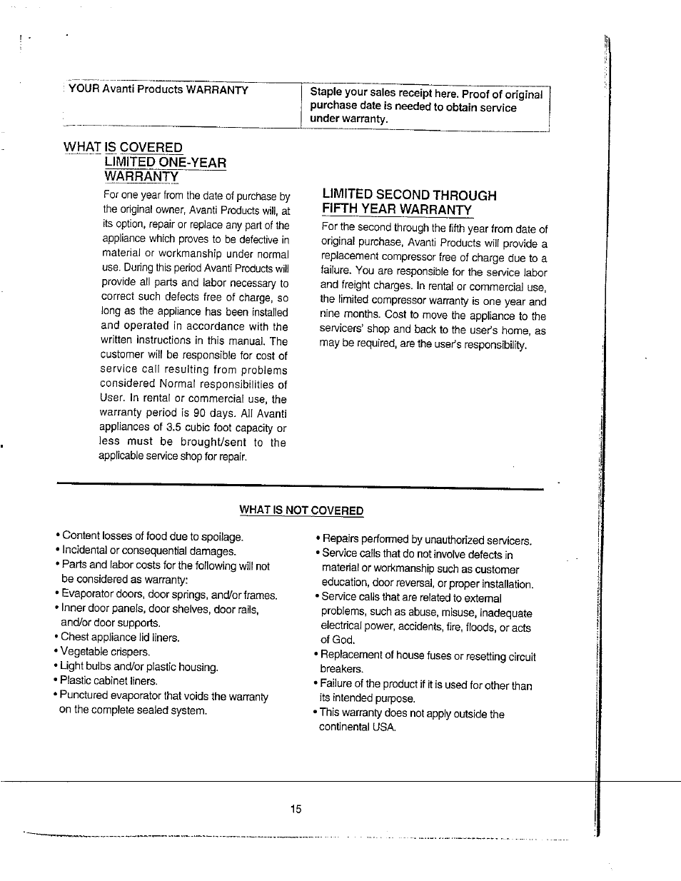 What is not covered, What is covered limited one-year warranty, Limited second through fifth year warranty | Avanti 31YWT User Manual | Page 15 / 23