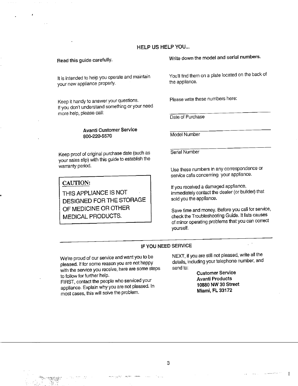 Help us help you, Write down the model and serial numbers, Avanti customer service 800-220-5570 | If you need service, Caution | Avanti 31YWT User Manual | Page 3 / 23