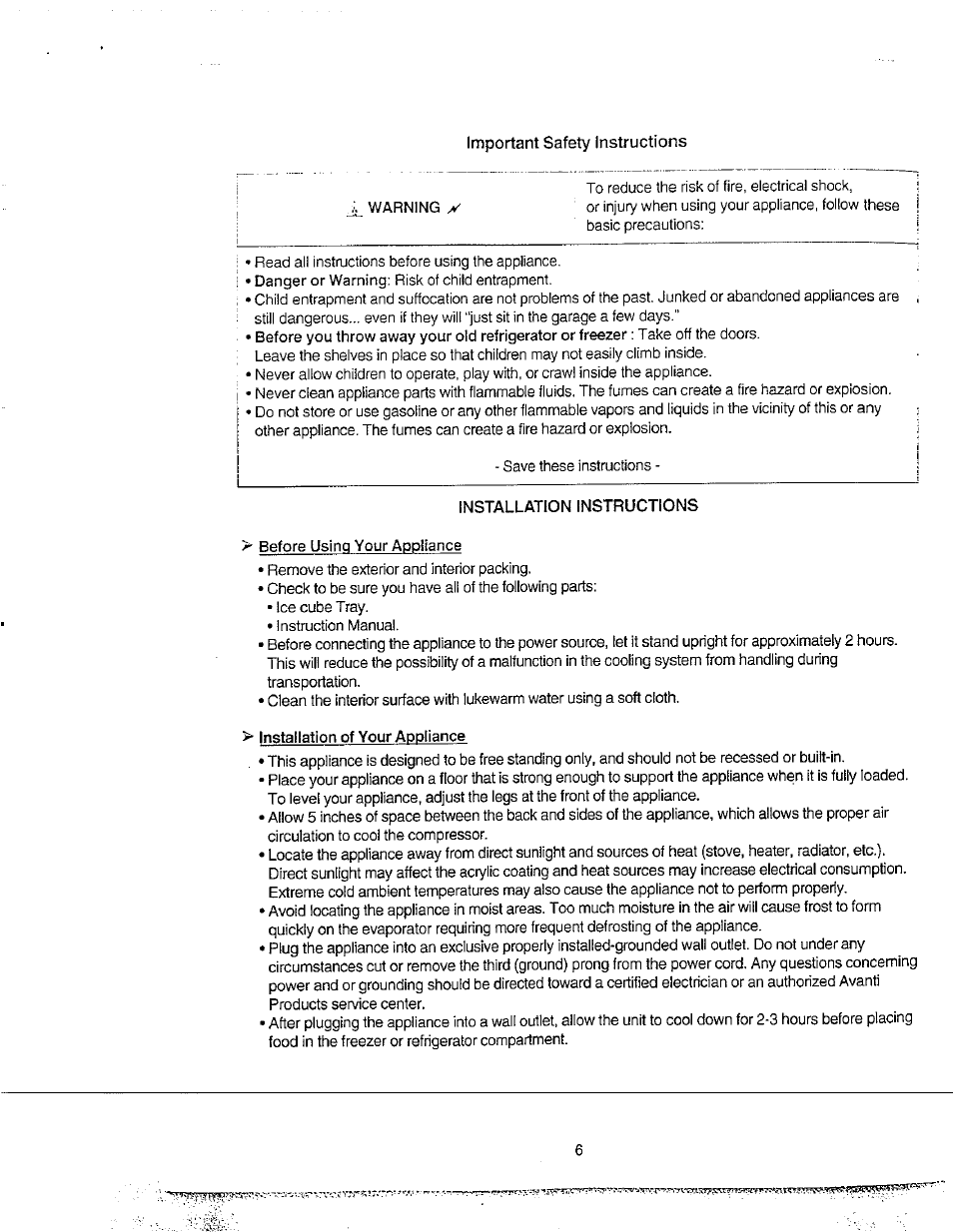 Important safety instructions, Before using your appliance, Installation of your appliance | Operating your appliance | Avanti 31YWT User Manual | Page 6 / 23