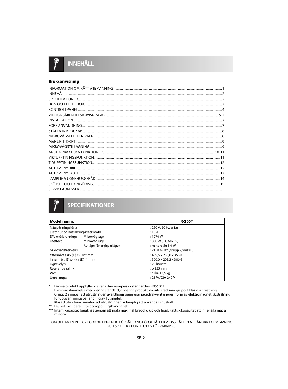 Specifikationer innehåll | Sharp R-20STW User Manual | Page 100 / 180