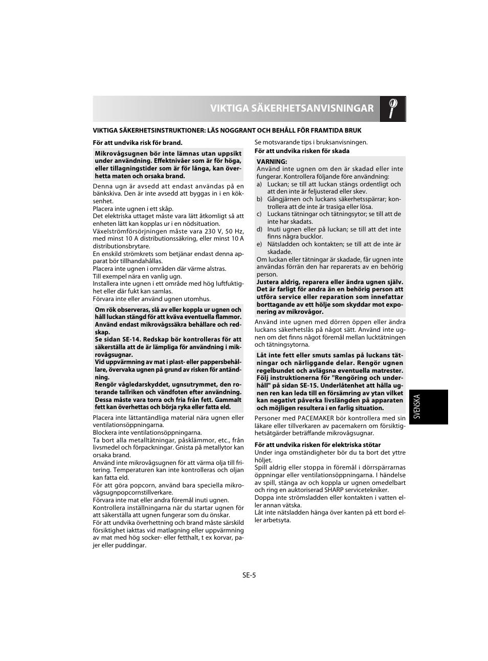 Viktiga säkerhetsanvisningar | Sharp R-20STW User Manual | Page 103 / 180