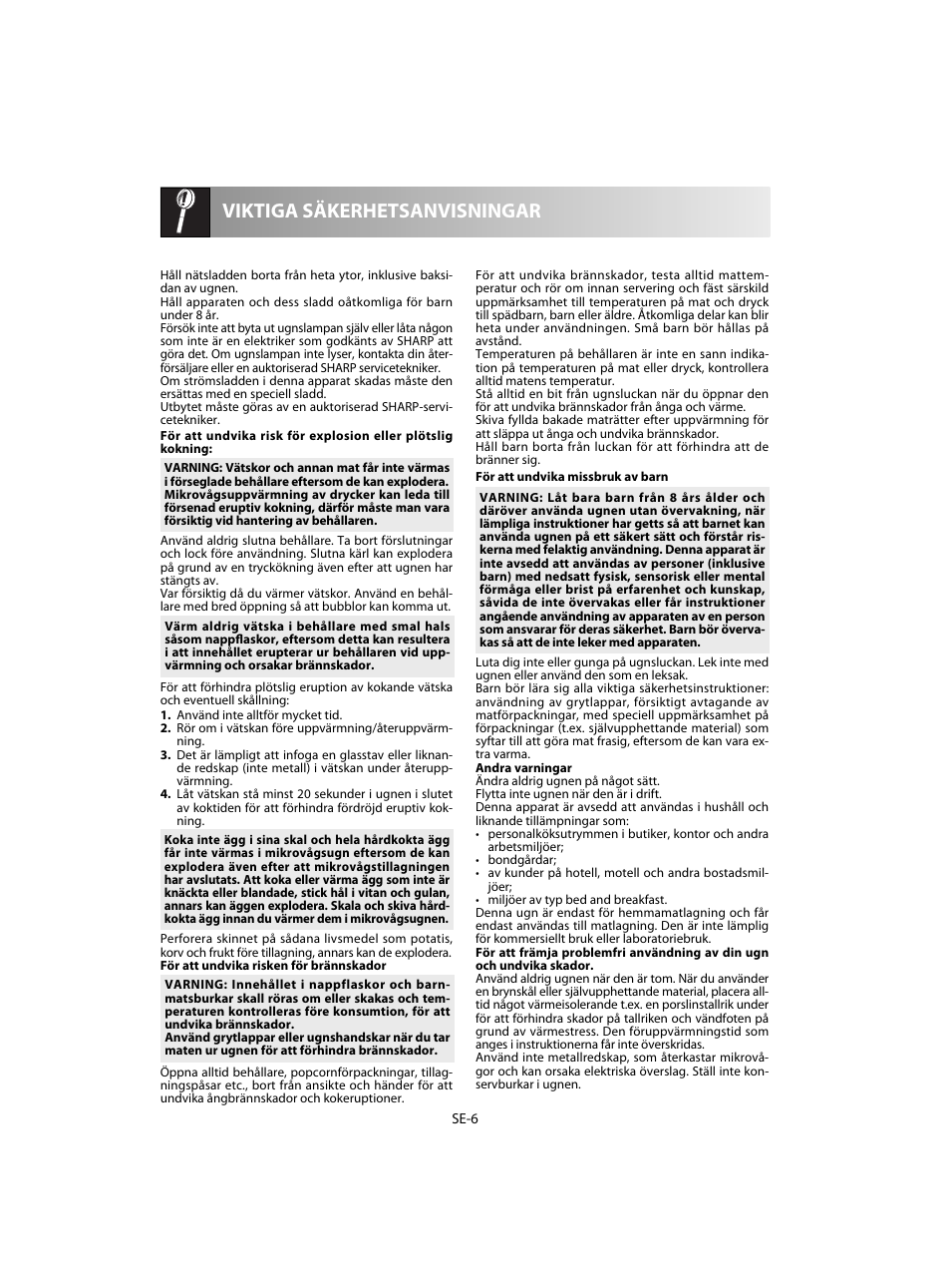 Viktiga säkerhetsanvisningar | Sharp R-20STW User Manual | Page 104 / 180