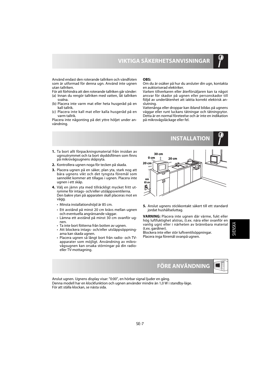 Installation viktiga säkerhetsanvisningar, Före användning | Sharp R-20STW User Manual | Page 105 / 180