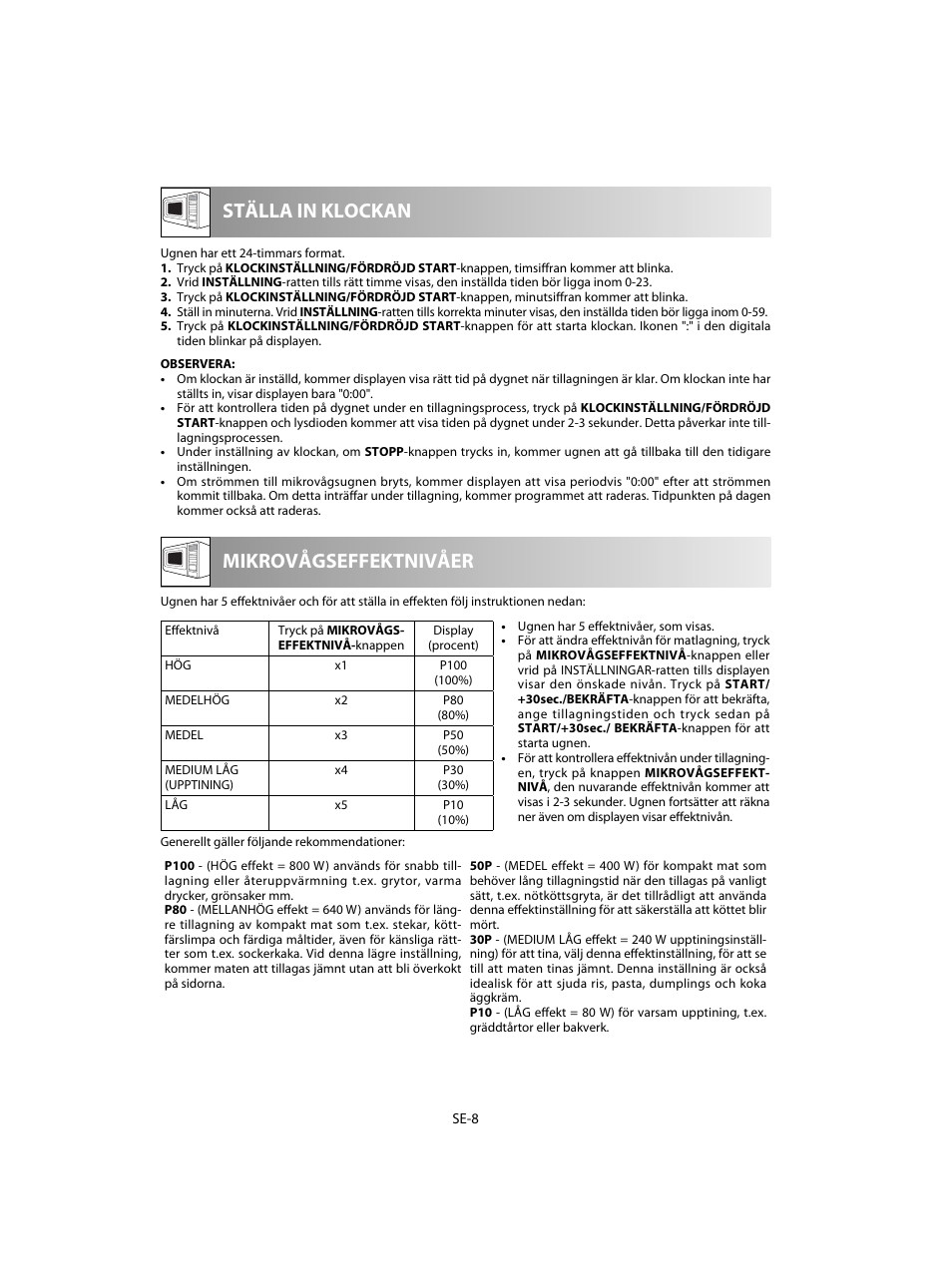 Mikrovågseffektnivåer ställa in klockan | Sharp R-20STW User Manual | Page 106 / 180