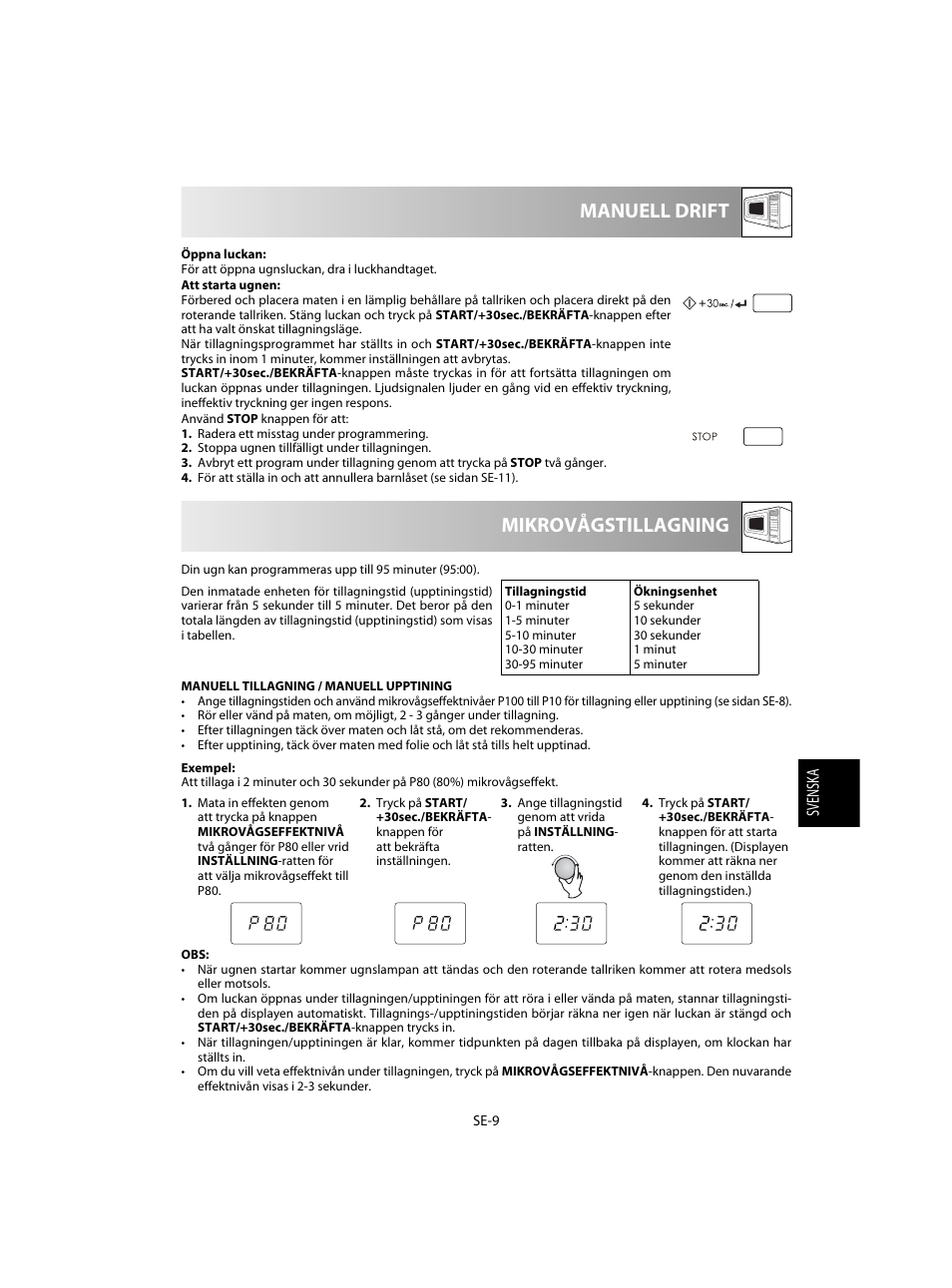 Mikrovågstillagning manuell drift | Sharp R-20STW User Manual | Page 107 / 180