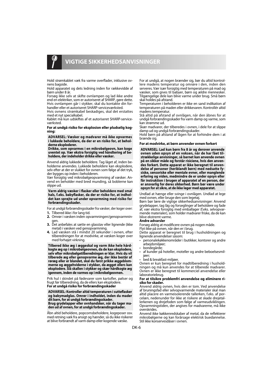 Vigtige sikkerhedsanvisninger | Sharp R-20STW User Manual | Page 120 / 180