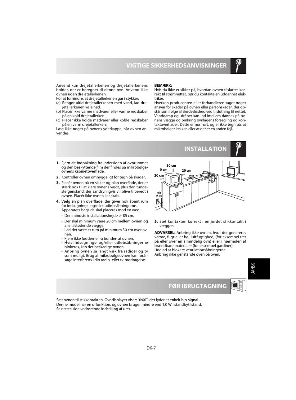 Installation vigtige sikkerhedsanvisninger, Før ibrugtagning | Sharp R-20STW User Manual | Page 121 / 180