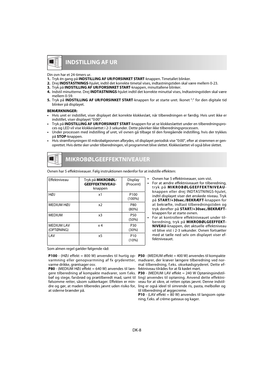 Mikrobølgeeffektniveauer indstilling af ur | Sharp R-20STW User Manual | Page 122 / 180