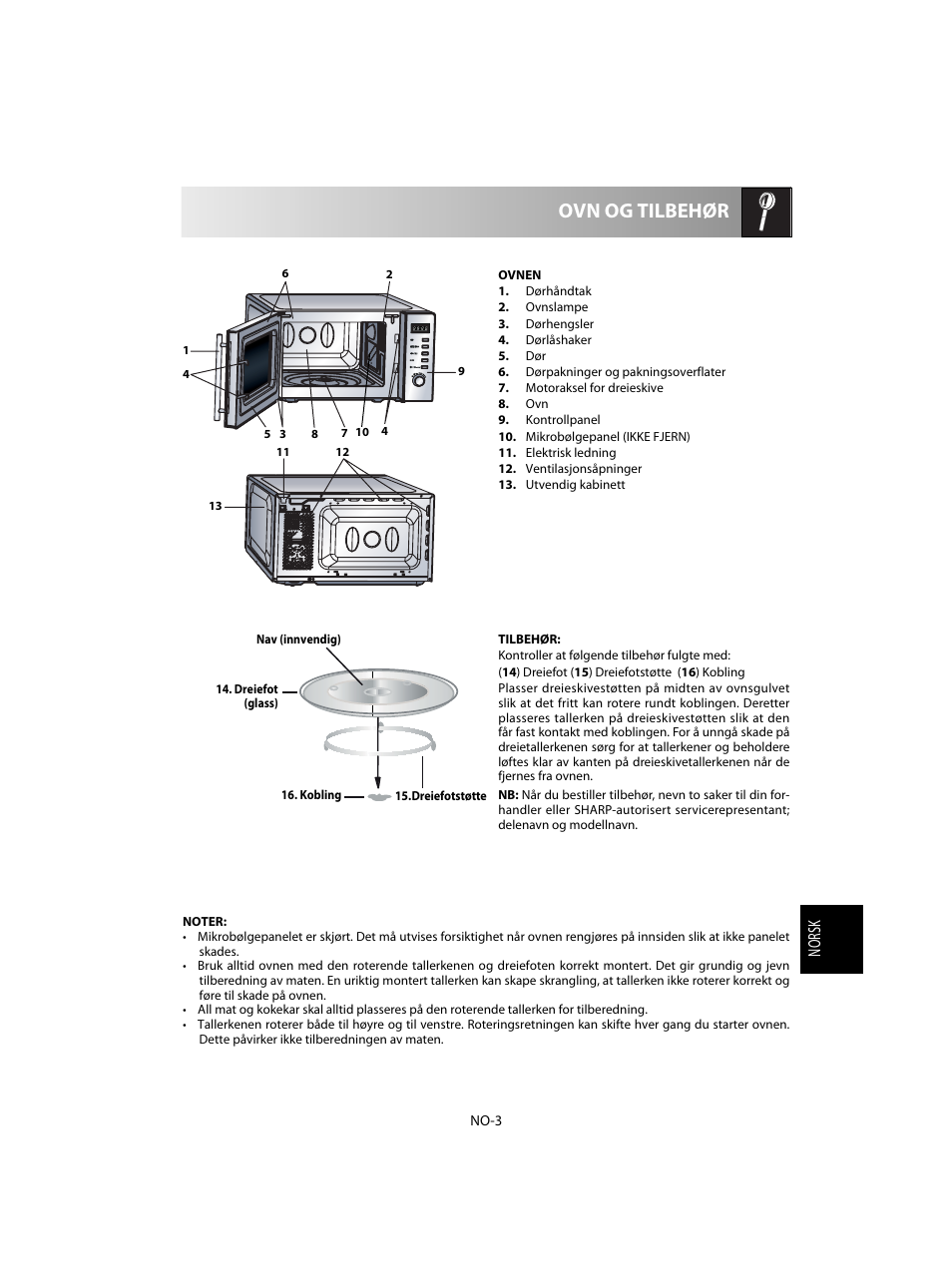 Ovn og tilbehør, Norsk | Sharp R-20STW User Manual | Page 133 / 180
