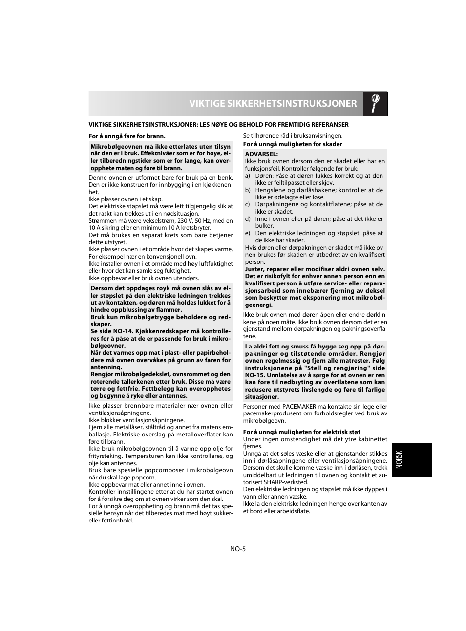 Viktige sikkerhetsinstruksjoner | Sharp R-20STW User Manual | Page 135 / 180