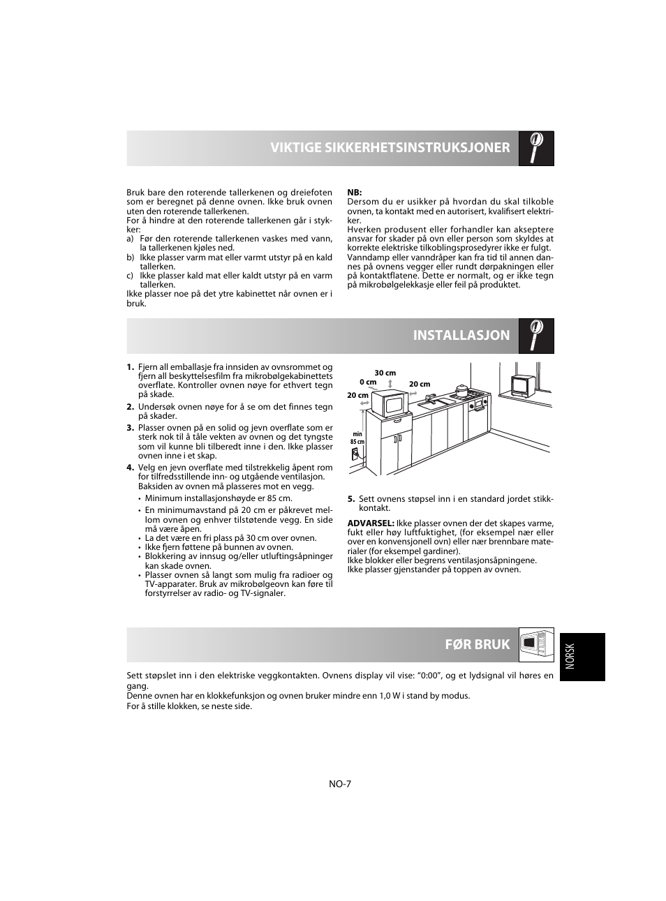 Installasjon viktige sikkerhetsinstruksjoner, Før bruk, Norsk | Sharp R-20STW User Manual | Page 137 / 180