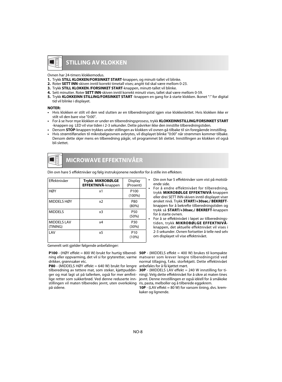 Microwave effektnivåer stilling av klokken | Sharp R-20STW User Manual | Page 138 / 180