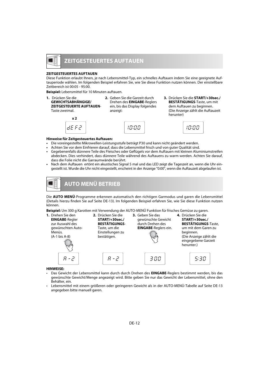 Zeitgesteuertes auftauen, Auto menü betrieb | Sharp R-20STW User Manual | Page 14 / 180