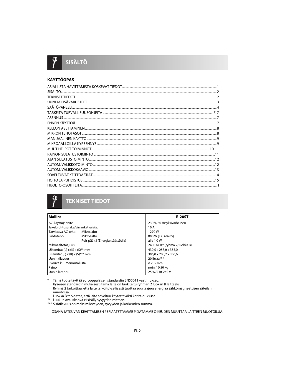 Tekniset tiedot sisältö | Sharp R-20STW User Manual | Page 148 / 180