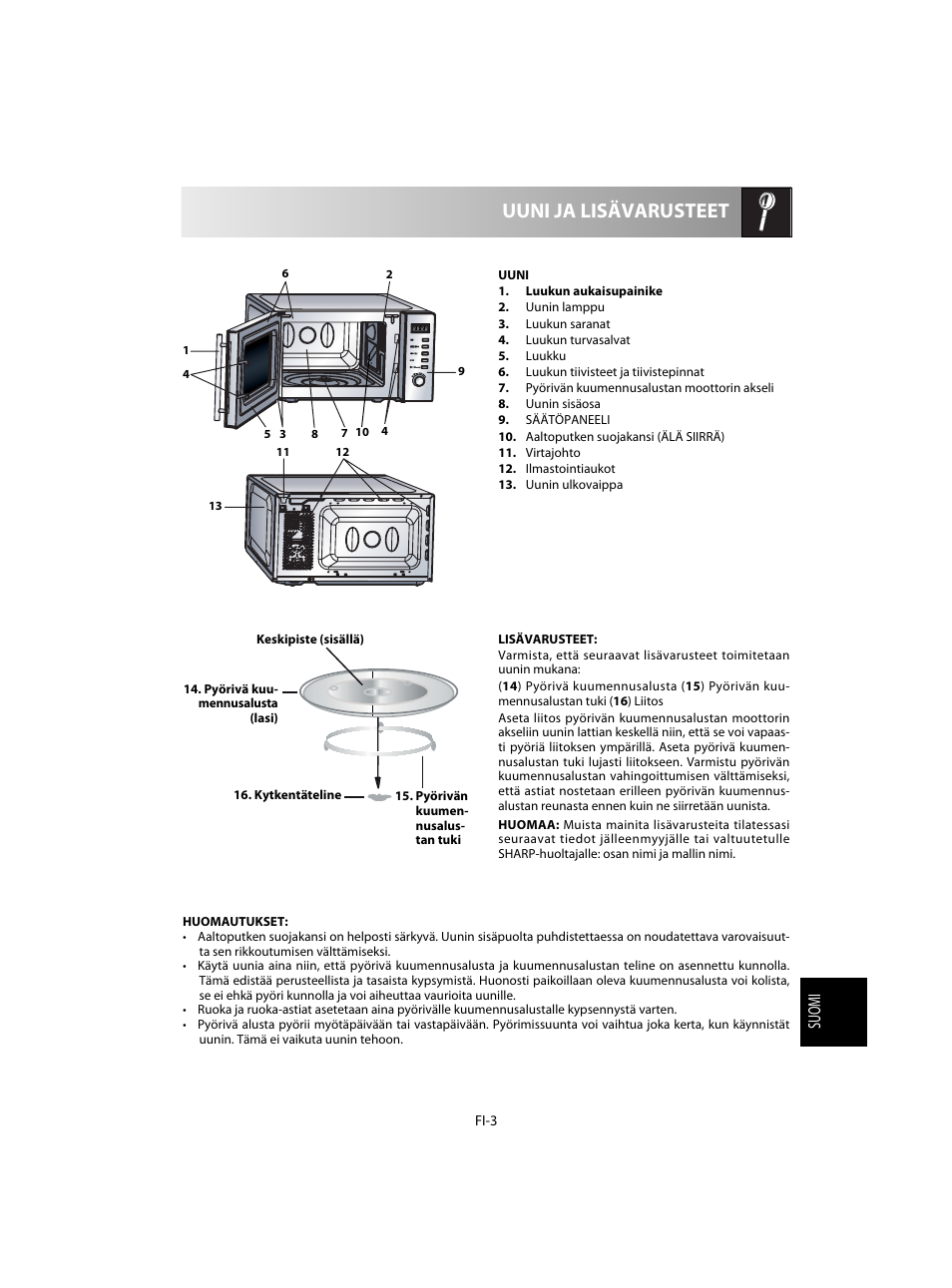 Uuni ja lisävarusteet, Suomi | Sharp R-20STW User Manual | Page 149 / 180