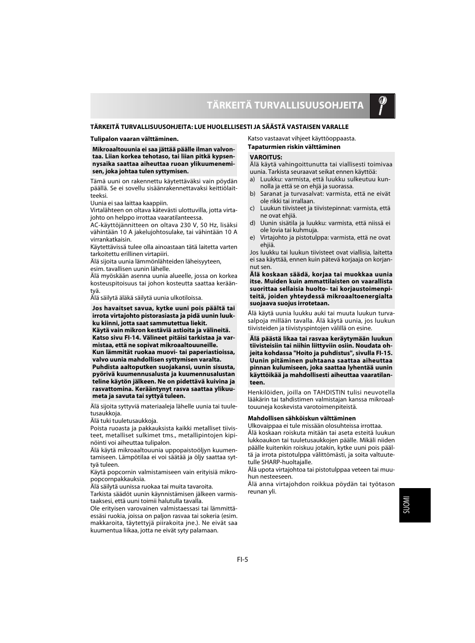 Tärkeitä turvallisuusohjeita | Sharp R-20STW User Manual | Page 151 / 180