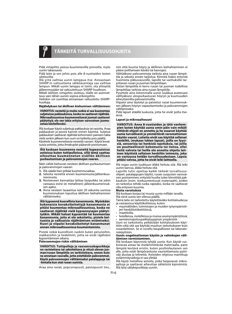 Tärkeitä turvallisuusohjeita | Sharp R-20STW User Manual | Page 152 / 180