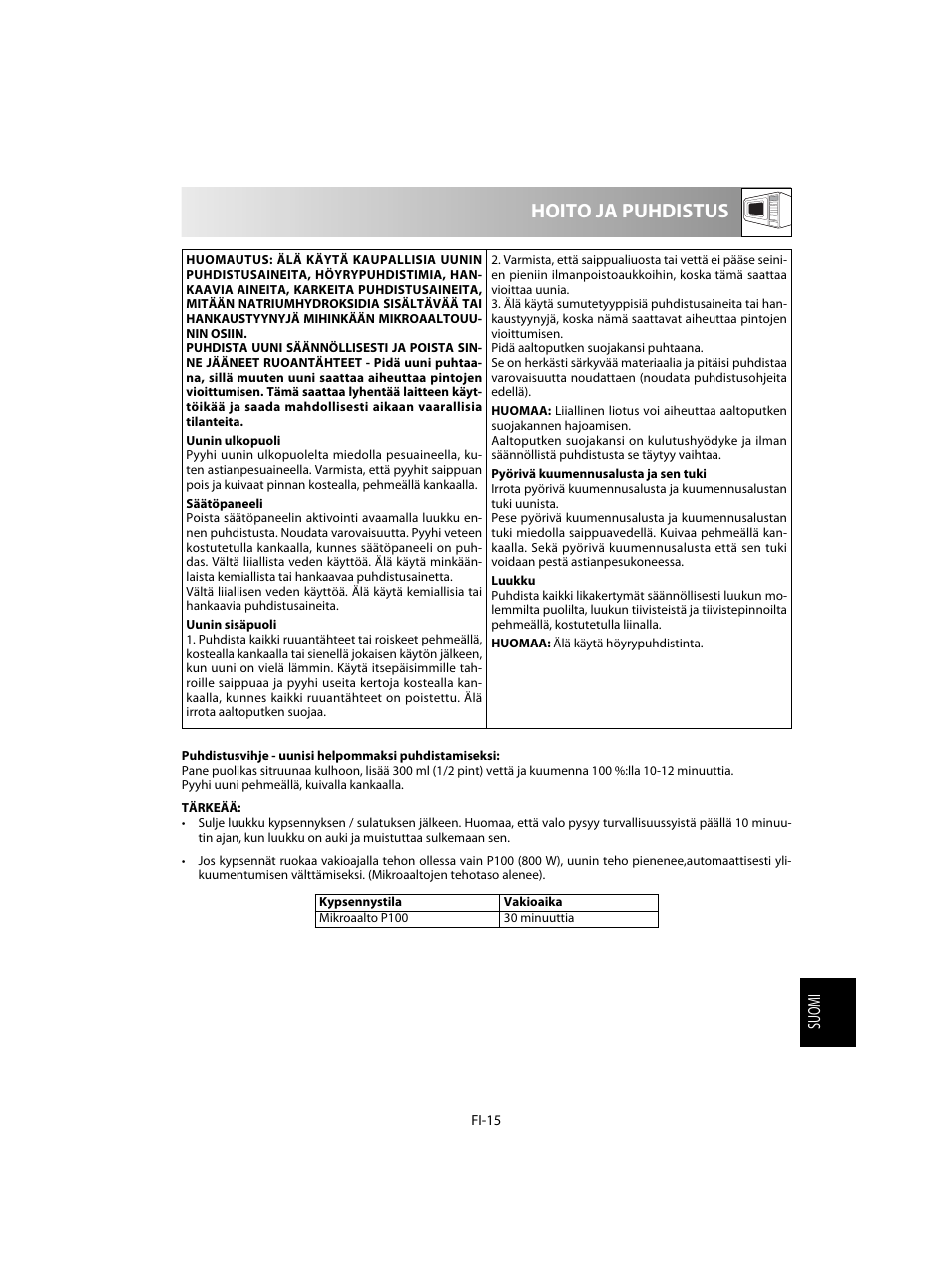 Hoito ja puhdistus | Sharp R-20STW User Manual | Page 161 / 180