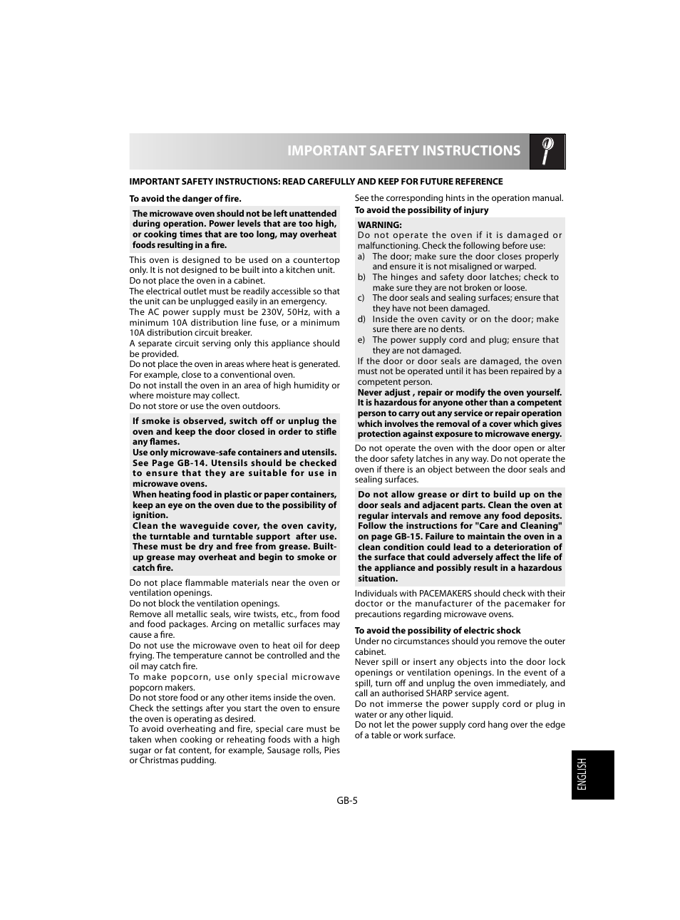 Important safety instructions | Sharp R-20STW User Manual | Page 167 / 180