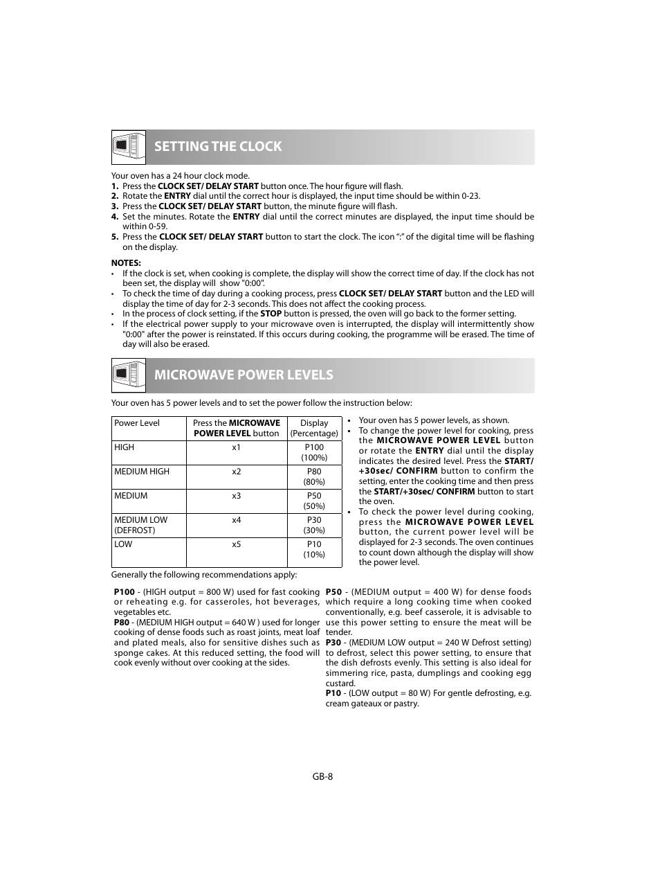 Microwave power levels setting the clock | Sharp R-20STW User Manual | Page 170 / 180