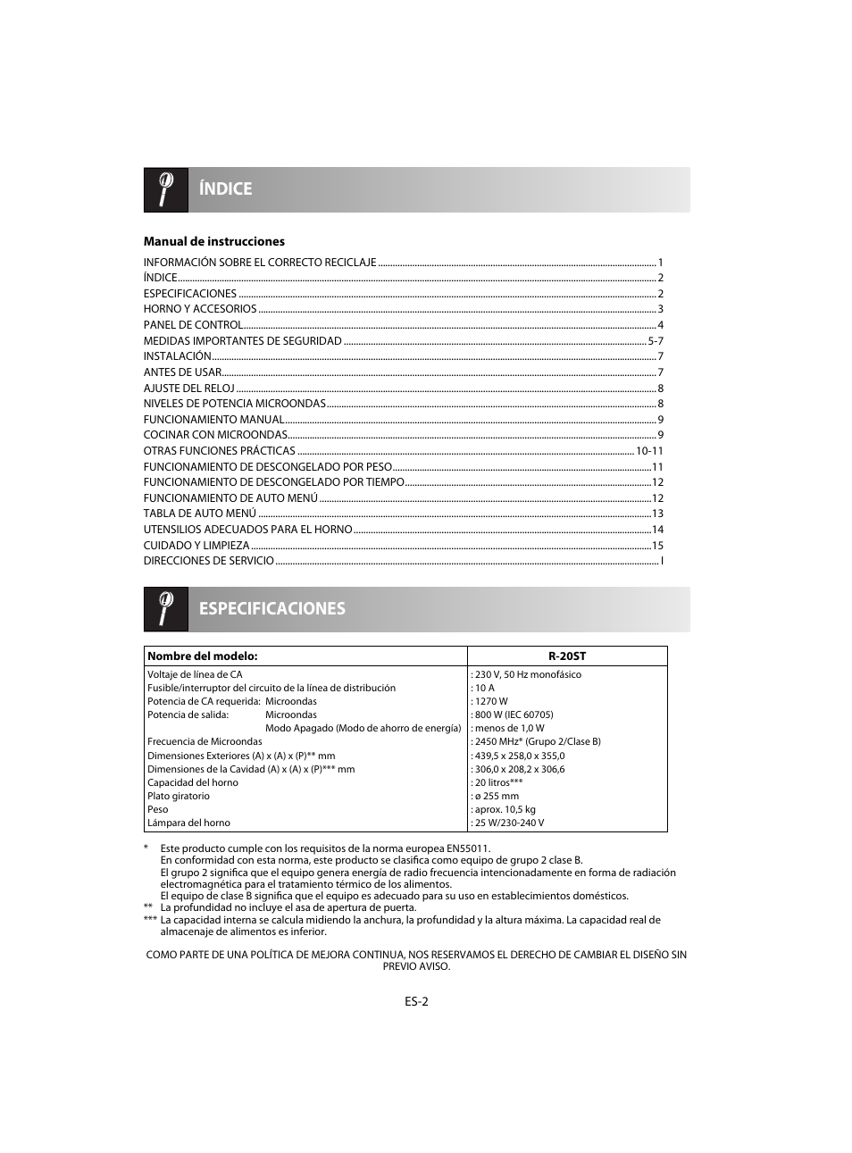 Especificaciones índice | Sharp R-20STW User Manual | Page 20 / 180