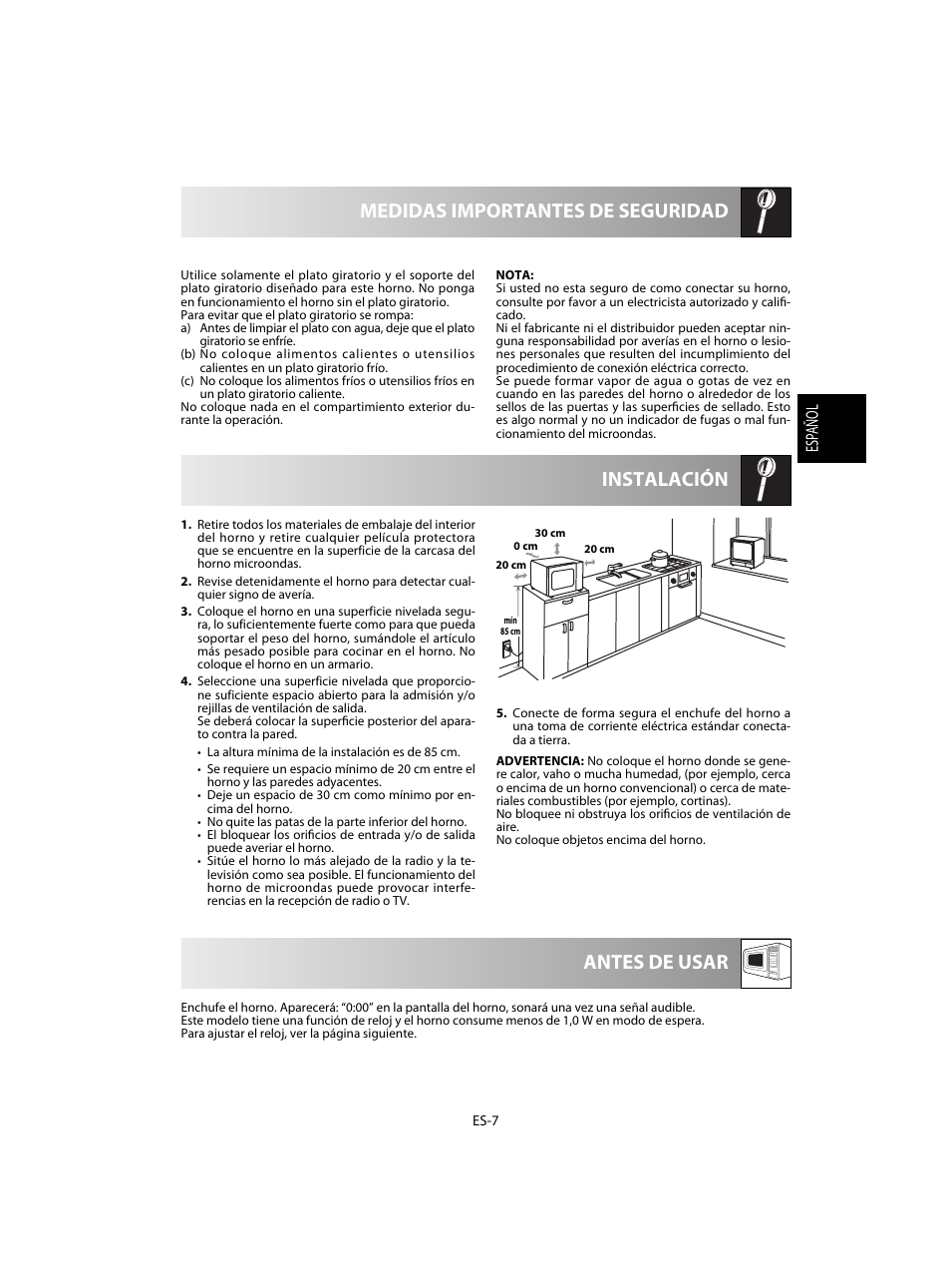 Instalación medidas importantes de seguridad, Antes de usar | Sharp R-20STW User Manual | Page 25 / 180