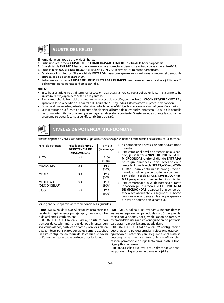 Niveles de potencia microondas ajuste del reloj | Sharp R-20STW User Manual | Page 26 / 180