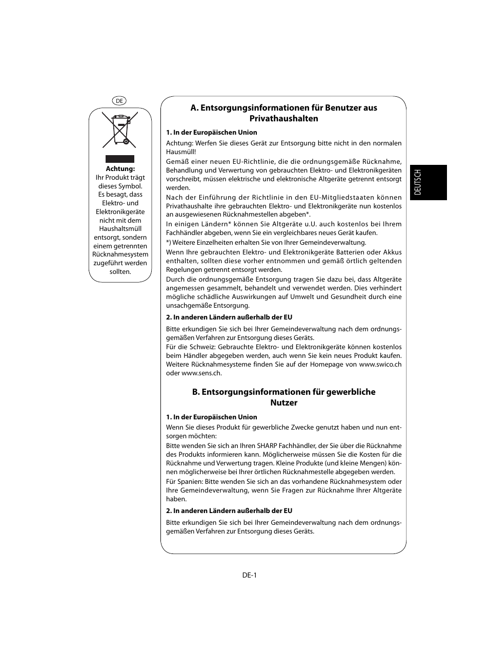 B. entsorgungsinformationen für gewerbliche nutzer | Sharp R-20STW User Manual | Page 3 / 180