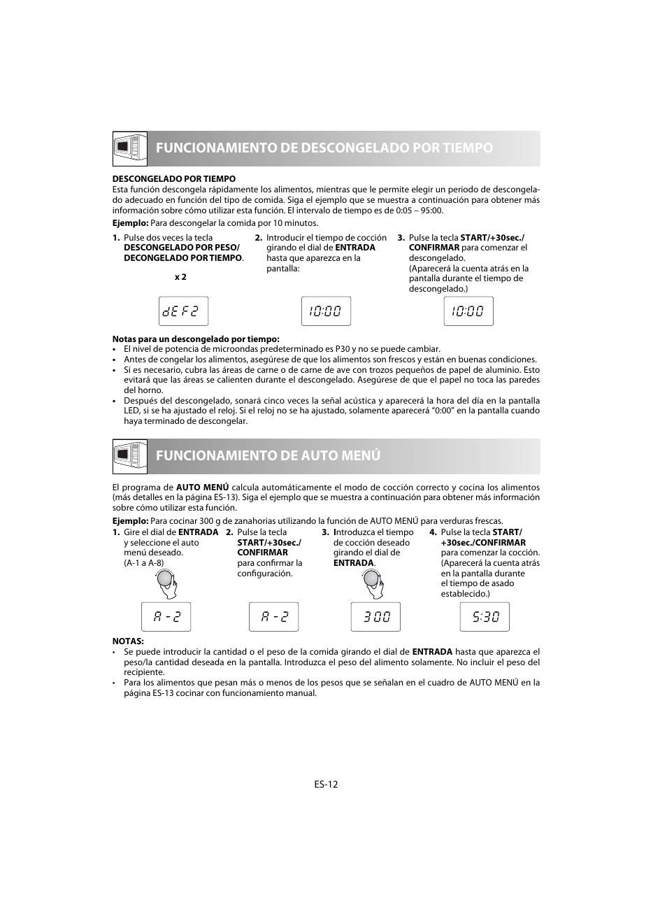 Funcionamiento de descongelado por tiempo, Funcionamiento de auto menú | Sharp R-20STW User Manual | Page 30 / 180