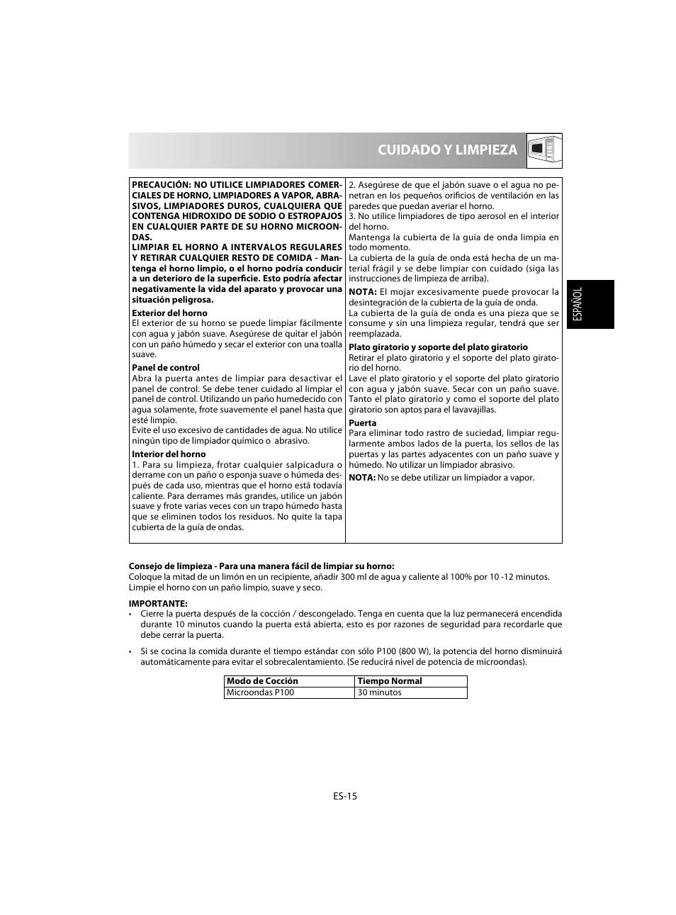 Cuidado y limpieza | Sharp R-20STW User Manual | Page 33 / 180