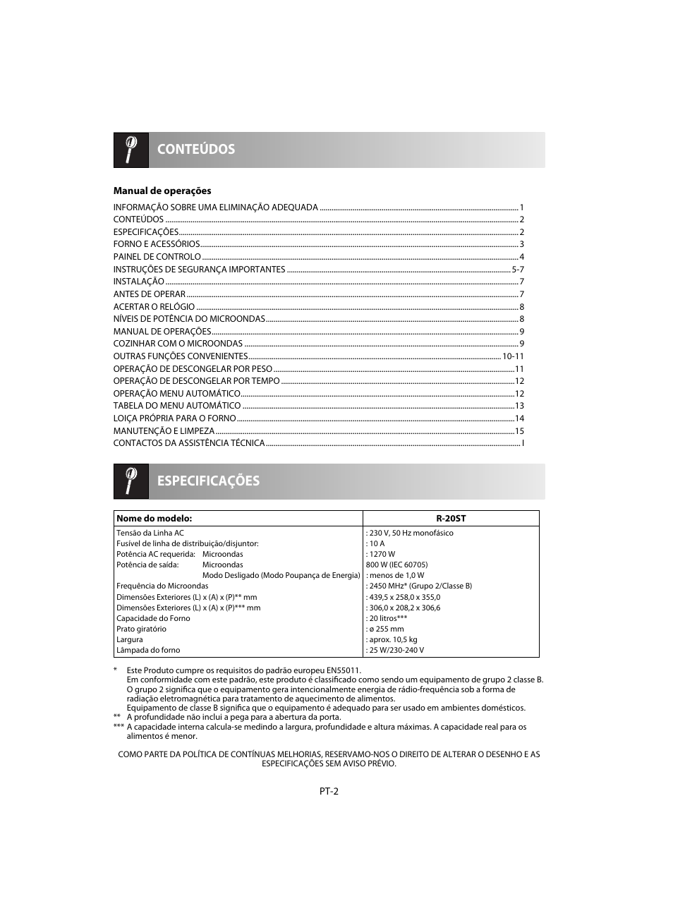 Especificações conteúdos | Sharp R-20STW User Manual | Page 36 / 180