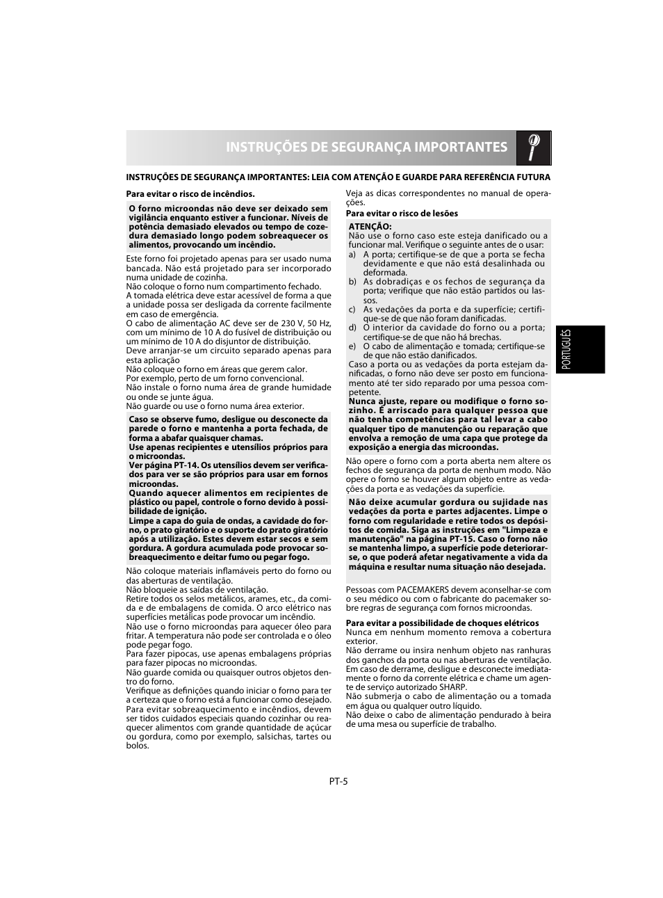 Instruções de segurança importantes | Sharp R-20STW User Manual | Page 39 / 180