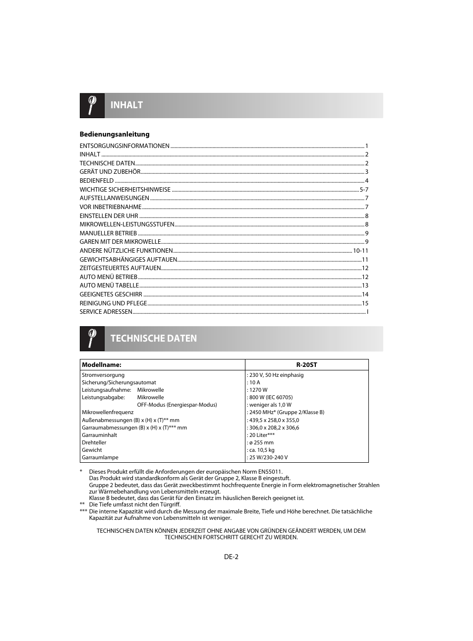 Technische daten inhalt | Sharp R-20STW User Manual | Page 4 / 180