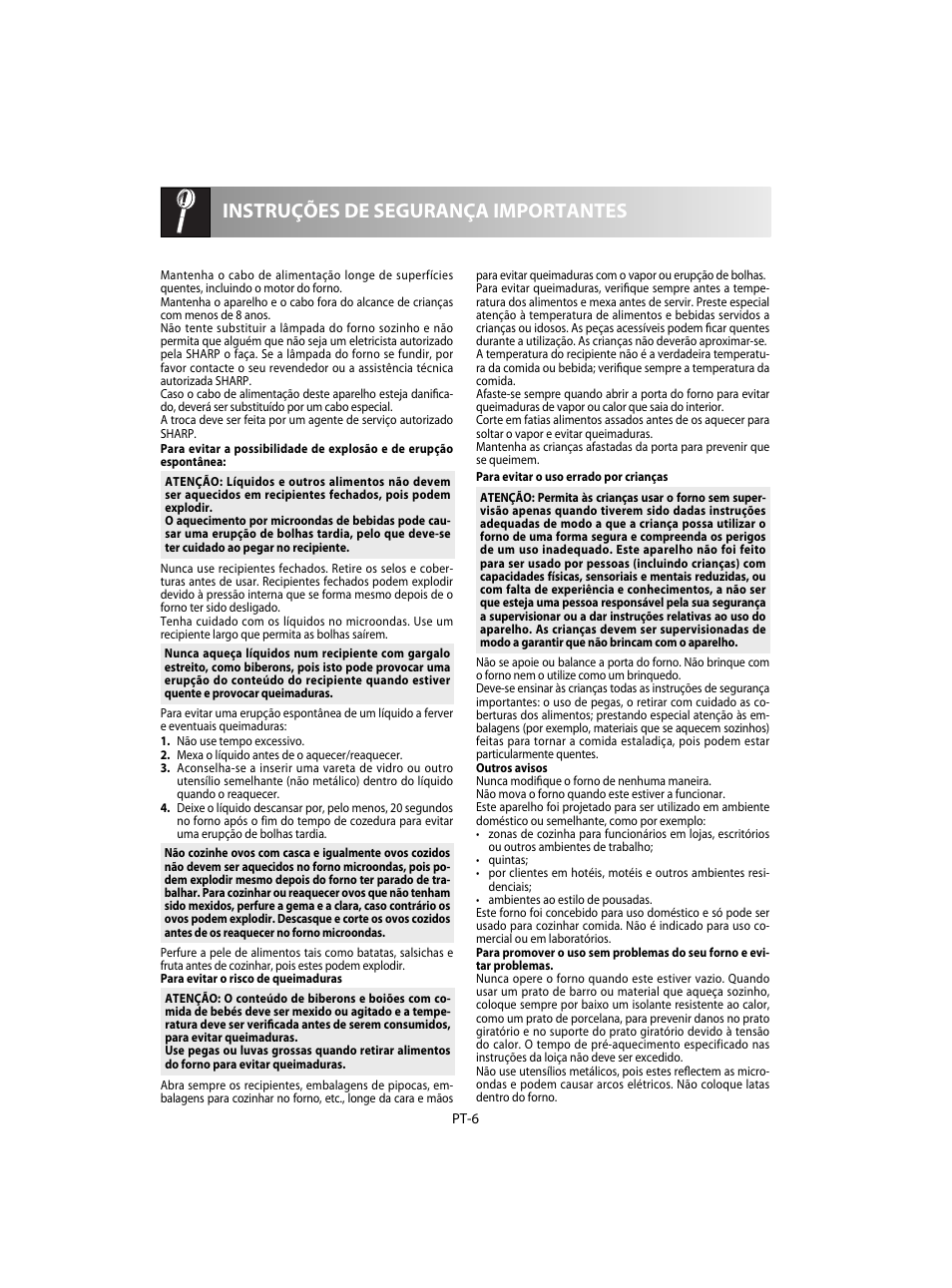 Instruções de segurança importantes | Sharp R-20STW User Manual | Page 40 / 180